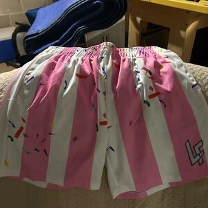 Pink and White Striped Shorts with Confetti Design